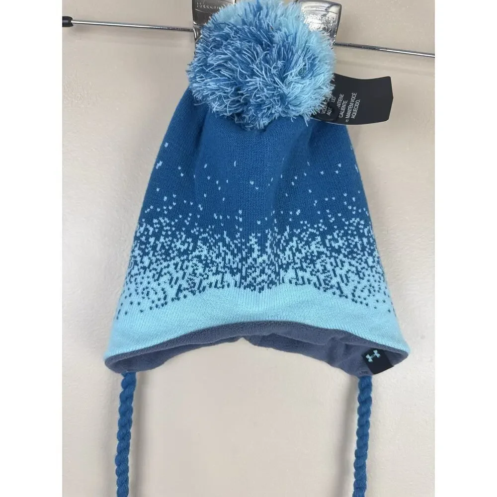 Under Armour Kids Youth Beanie Hat Blue Ombre Fleece Lined Pom Earflap Winter NW